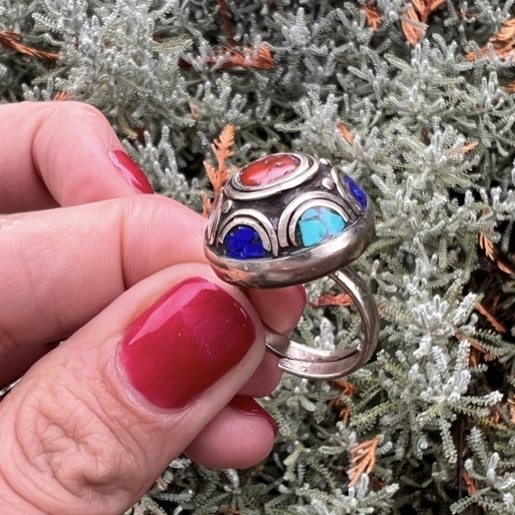 Vintage Moroccan Silver Berber Adjustable Band Turquoise Coral Tribal Amazigh - Picture 4 of 4